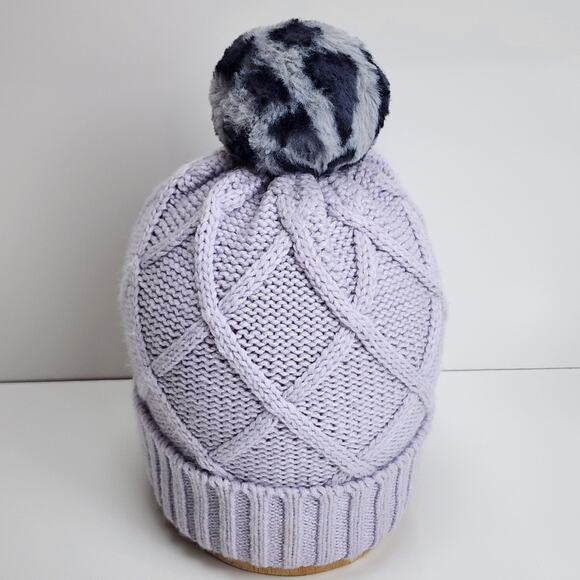 Faux Fur Removeable Pom-Pom Gray & Black on Purple Cable Knit Cuffed Beanie OSFM - Picture 3 of 9